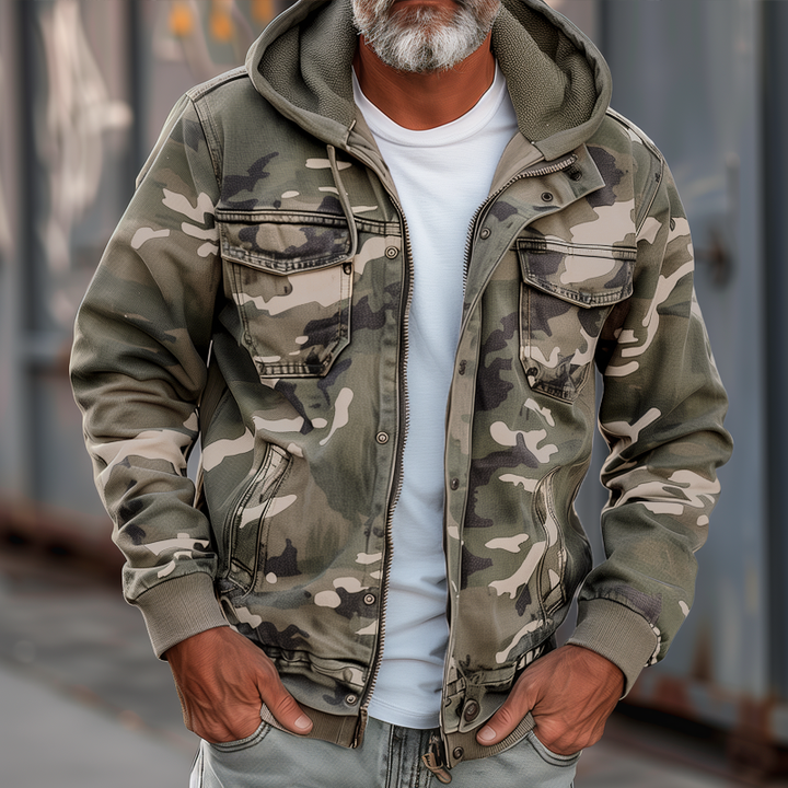 Jules – Men's Camouflage Cargo Jacket with Hood & Multi-Pocket Design