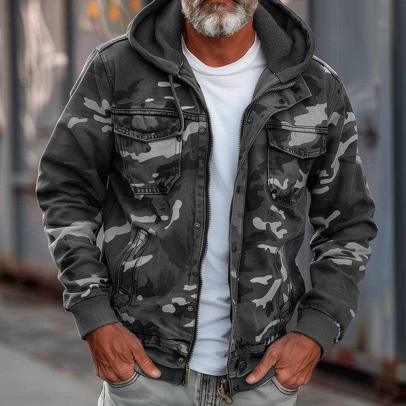 Jules – Men's Camouflage Cargo Jacket with Hood & Multi-Pocket Design